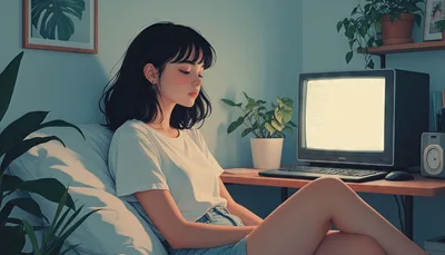 Woman at Computer Desk with Plants and Vintage Monitor - free art & design wallpaper 3840×2194