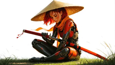 Cybernetic Warrior with Conical Hat in Grass Field - free anime wallpaper 4000×2250