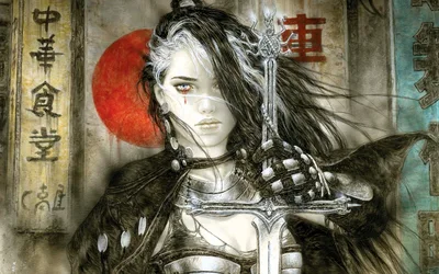 Warrior Woman with Ornate Sword and Red Sun - free art & design wallpaper 2560×1600