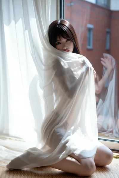 Woman in White Sheer Fabric by Window with Curtains - free people & portraits wallpaper 4800×7200