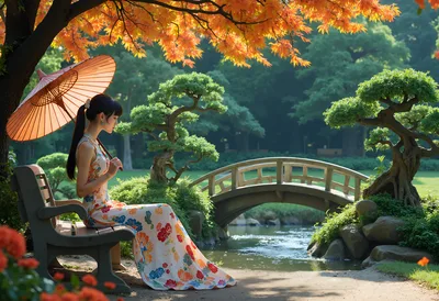 Elegant Woman with Umbrella in Japanese Garden - free people & portraits wallpaper 4864×3328
