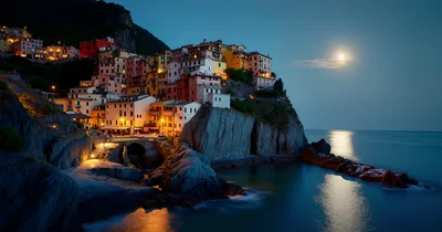 Moonlit Coastal Village on Cliffside - free city & urban wallpaper 3232×1696