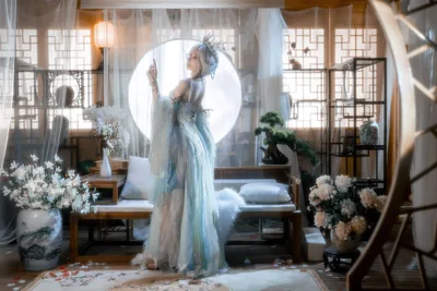 Woman in Blue Gown Before Circular Window in Asian Interior - free people & portraits wallpaper 6500×4333