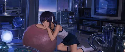 Anime Girl Working Out in High-Tech Apartment - free anime wallpaper 3840×1600