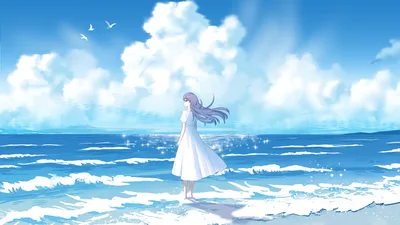 Anime Girl in White Dress Standing on Beach - free anime wallpaper 3840×2160