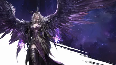 Dark Winged Angel with Purple Energy in Cosmic Sky - free anime wallpaper 3840×2160