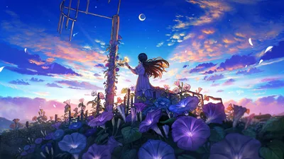 Anime Girl in Flower Field Under Twilight Sky - free anime wallpaper 3840×2160