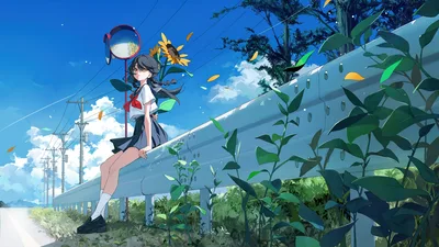 Anime Girl With Mirror on Sunflower Pole by Train - free anime wallpaper 3840×2160