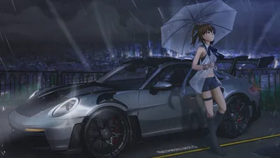 Anime Girl With Umbrella Standing By Sports Car In Rain - free anime wallpaper 3840×2160