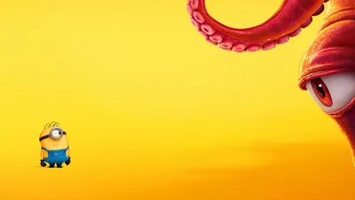 Minion Meets Red Creature on Yellow Background - free cartoons & comics wallpaper 7680×4320