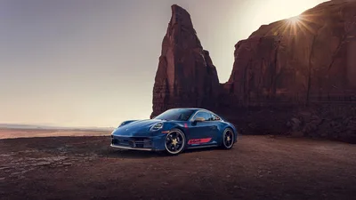 Blue Porsche 911 Desert Rock Formation Sunset - free cars & vehicles wallpaper 7680×4320