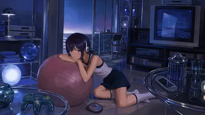 Gaming Girl in Neon Blue Room - free anime wallpaper 3840×2160