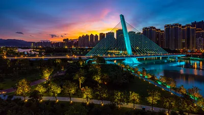 Fuzhou's Twilight Bridge Over Mountain Waters - free architecture wallpaper 6000×3390