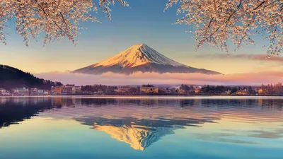 Mount Fuji's Cherry Blossom Spring Reflection - free landscapes wallpaper 5120×2880