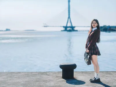 Girl in School Uniform by Waterfront Bridge - free people & portraits wallpaper 4096×3072