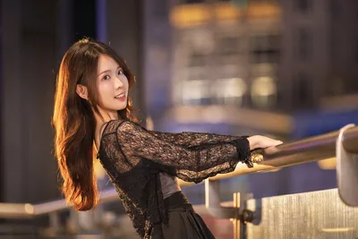 Woman in Black Lace by Urban Railing at Night - free wallpaper 5120×3413