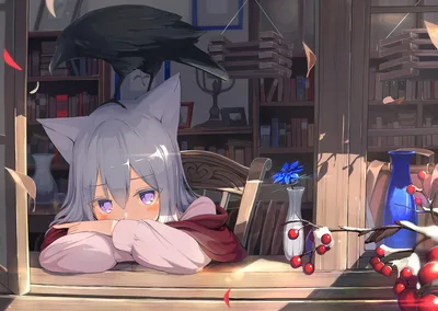 Anime Girl with Cat Ears in Cozy Library Study - free anime wallpaper 3840×2729