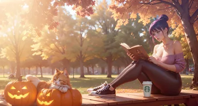Autumn Reading in Park with Cat and Pumpkins - free anime wallpaper 3808×2048