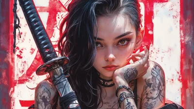 Tattooed Woman With Katana Sword Digital Art - free anime wallpaper 3840×2160