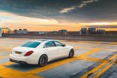 White Mercedes Sedan Parked on Waterfront at Sunset - free cars & vehicles wallpaper 4096×2730