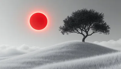 Solitary Tree on Hill Under Red Sun - free art & design wallpaper 3840×2194
