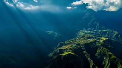 Aerial View of Lush Valley Among Steep Mountains - free landscapes wallpaper 6761×3803