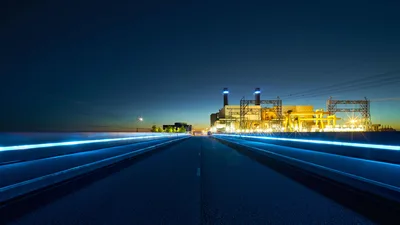 Industrial Power Plant at Dusk with Illuminated Road - free city & urban wallpaper 5773×3248