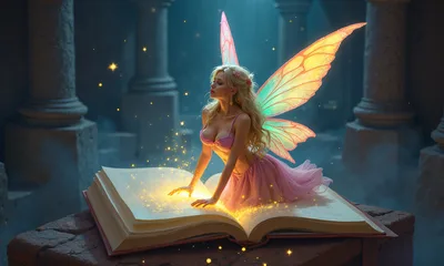 Fairy Woman Emerging From Glowing Book in Ancient Temple - free anime wallpaper 3840×2304