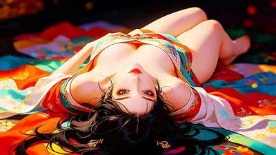 Anime Girl in Traditional Dress Reclining on Colorful Fabric - free anime wallpaper 3838×2160