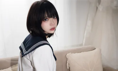 Young Woman in Sailor Uniform on Beige Couch - free people & portraits wallpaper 6000×3608