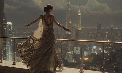 Elegant woman in gown looking at city from balcony - free people & portraits wallpaper 4496×2704