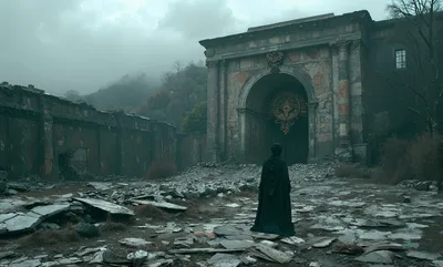 Cloaked figure standing in front of ruined ancient archway - free gaming wallpaper 3864×2328