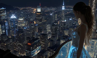 Woman in glowing dress overlooking futuristic city at night - free people & portraits wallpaper 3856×2320