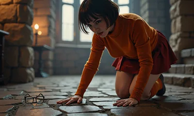 Velma Dinkley searching for her glasses on the floor - free cartoons & comics wallpaper 3840×2304
