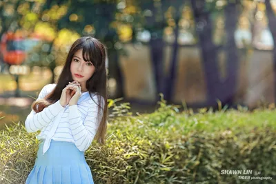 Young Woman in Blue Skirt and Striped Shirt Outdoor Portrait - free wallpaper 5760×3840