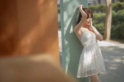Woman in White Dress Posing by Colored Walls - free people & portraits wallpaper 6144×4096