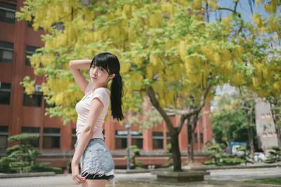 Young Woman Posing Under Yellow Trees in Urban Setting - free people & portraits wallpaper 6048×4024