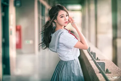 Asian Girl in School Uniform in Hallway - free people & portraits wallpaper 5760×3840