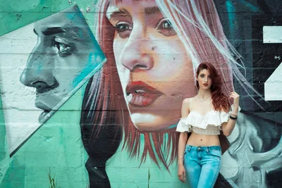 Woman Posing Before Colorful Street Art Mural - free people & portraits wallpaper 5568×3712