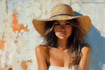 Woman in Straw Hat Against Weathered Wall - free people & portraits wallpaper 5376×3584