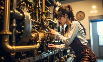 Woman Inspecting Steampunk Brass Machinery - free people & portraits wallpaper 3840×2304