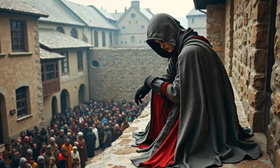 Cloaked Figure Overlooking Medieval Courtyard Gathering - free people & portraits wallpaper 5120×3072