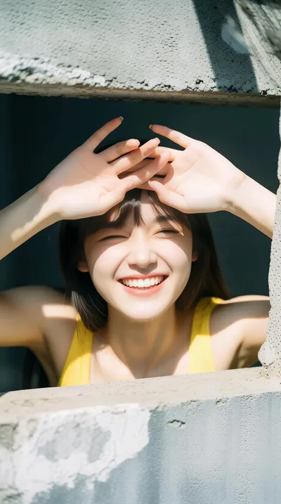 Woman in Yellow Top Shading Eyes Behind Concrete Wall - free people & portraits wallpaper 4016×7200