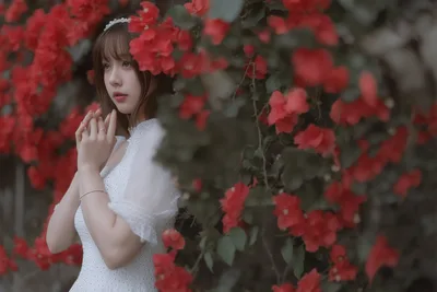 Woman in White Dress Among Red Flowers - free people & portraits wallpaper 6144×4096