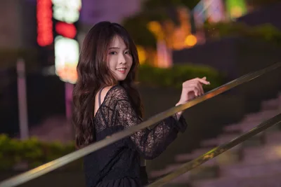 Woman in Black Lace Leaning on Railing at Night - free people & portraits wallpaper 5120×3413