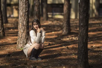 Woman Crouching Among Pine Trees in Forest - free people & portraits wallpaper 5120×3418