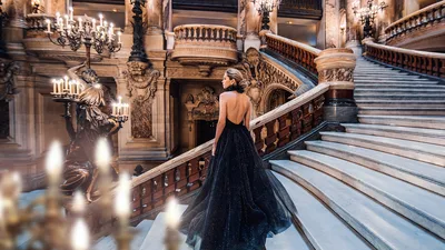 Woman in Black Gown on Grand Palace Staircase - free people & portraits wallpaper 1920×1080