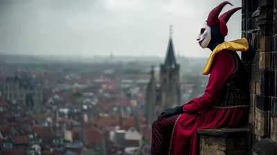 Jester Figure Overlooking Medieval City Skyline - free wallpaper 2912×1632