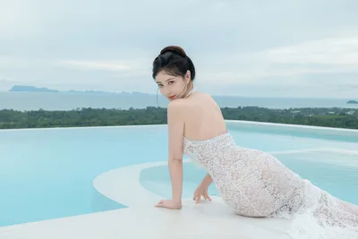 Woman in Lace Dress by Infinity Pool Overlooking Tropical Landscape - free people & portraits wallpaper 6000×4000