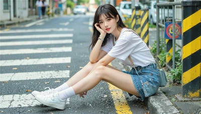 Young Woman Posing on Urban Street at Crosswalk - free people & portraits wallpaper 3840×2176